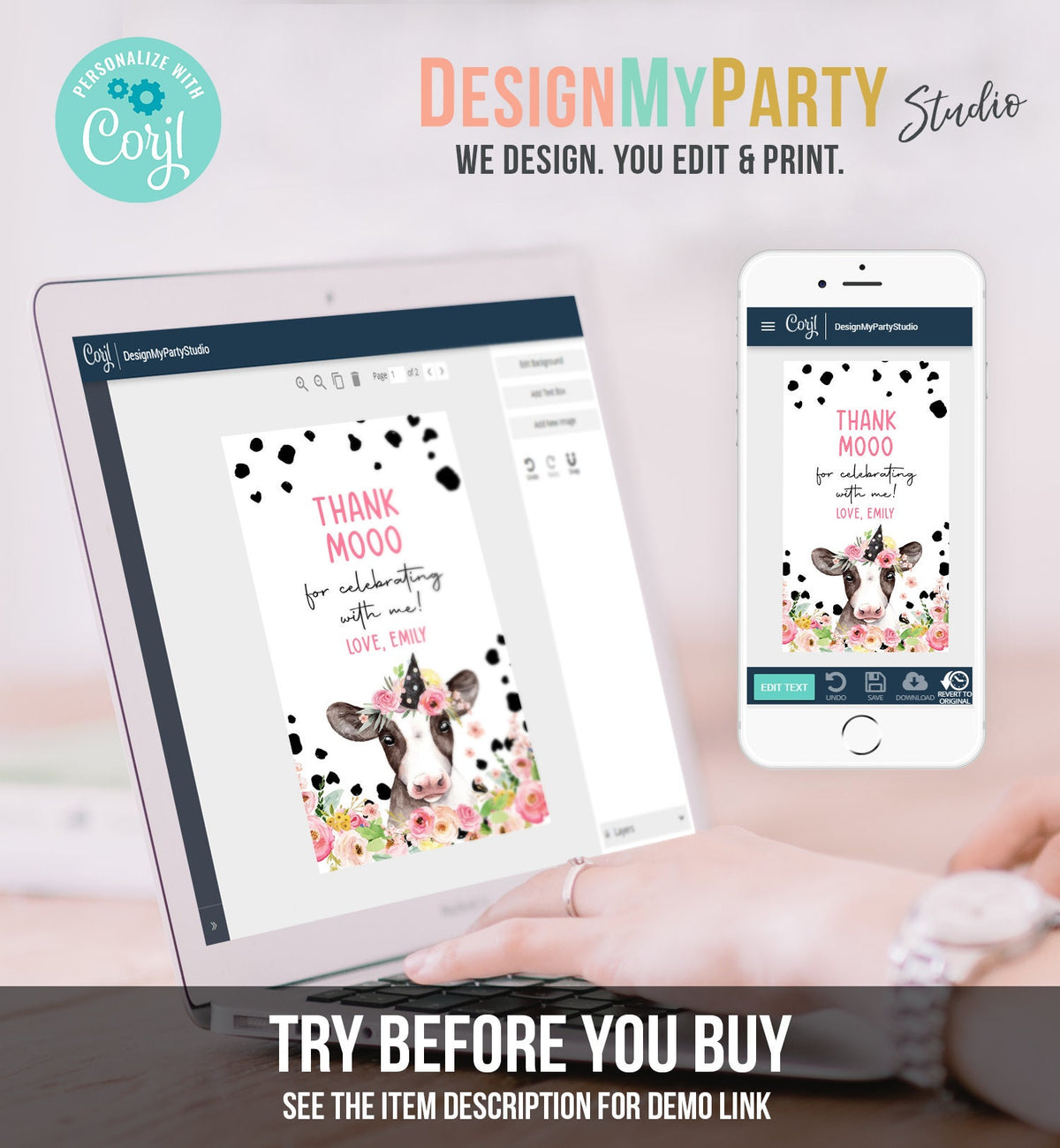 Editable Cow Thank You Tags Farm Favor Tag Thank Mooo Barnyard Gift Tag Pink Farm Floral Holy Cow Party Tag Digital Template Printable 0434