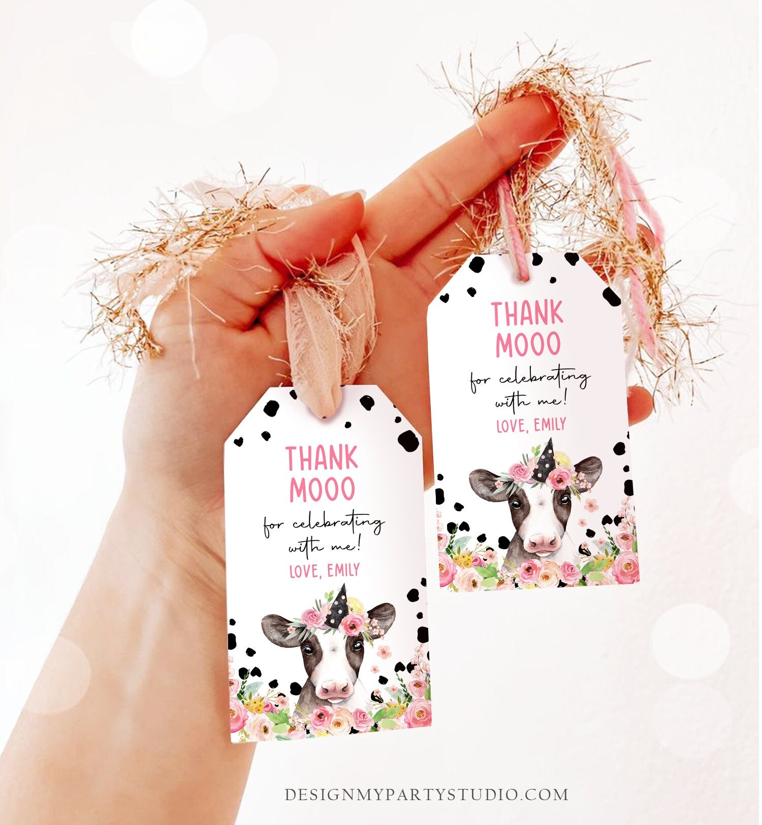 Editable Cow Thank You Tags Farm Favor Tags Thank Mooo Barnyard Gift Tags Pink Farm Floral Holy Cow Party Tag Template PRINTABLE Corjl 0434
