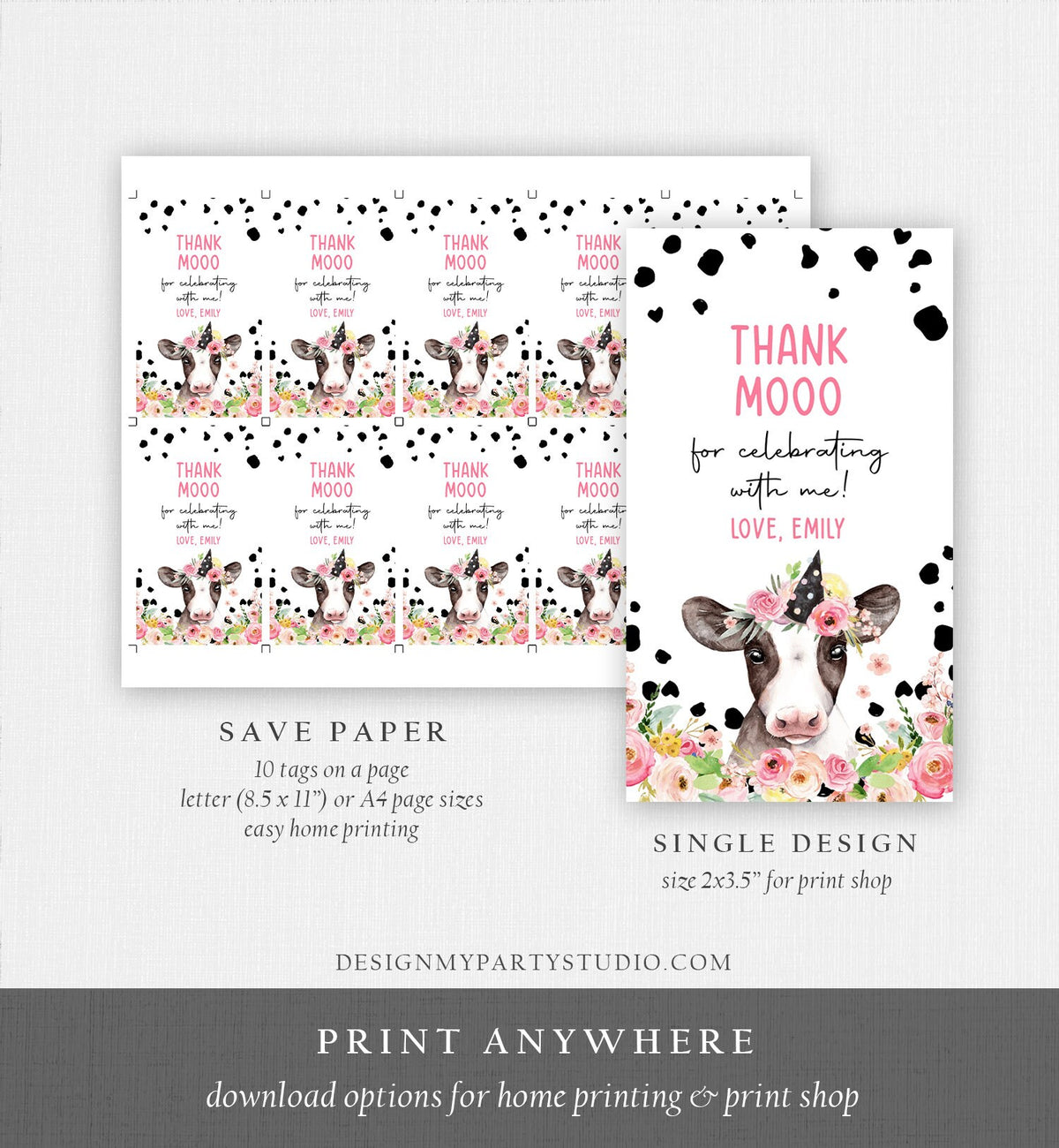 Editable Cow Thank You Tags Farm Favor Tag Thank Mooo Barnyard Gift Tag Pink Farm Floral Holy Cow Party Tag Digital Template Printable 0434