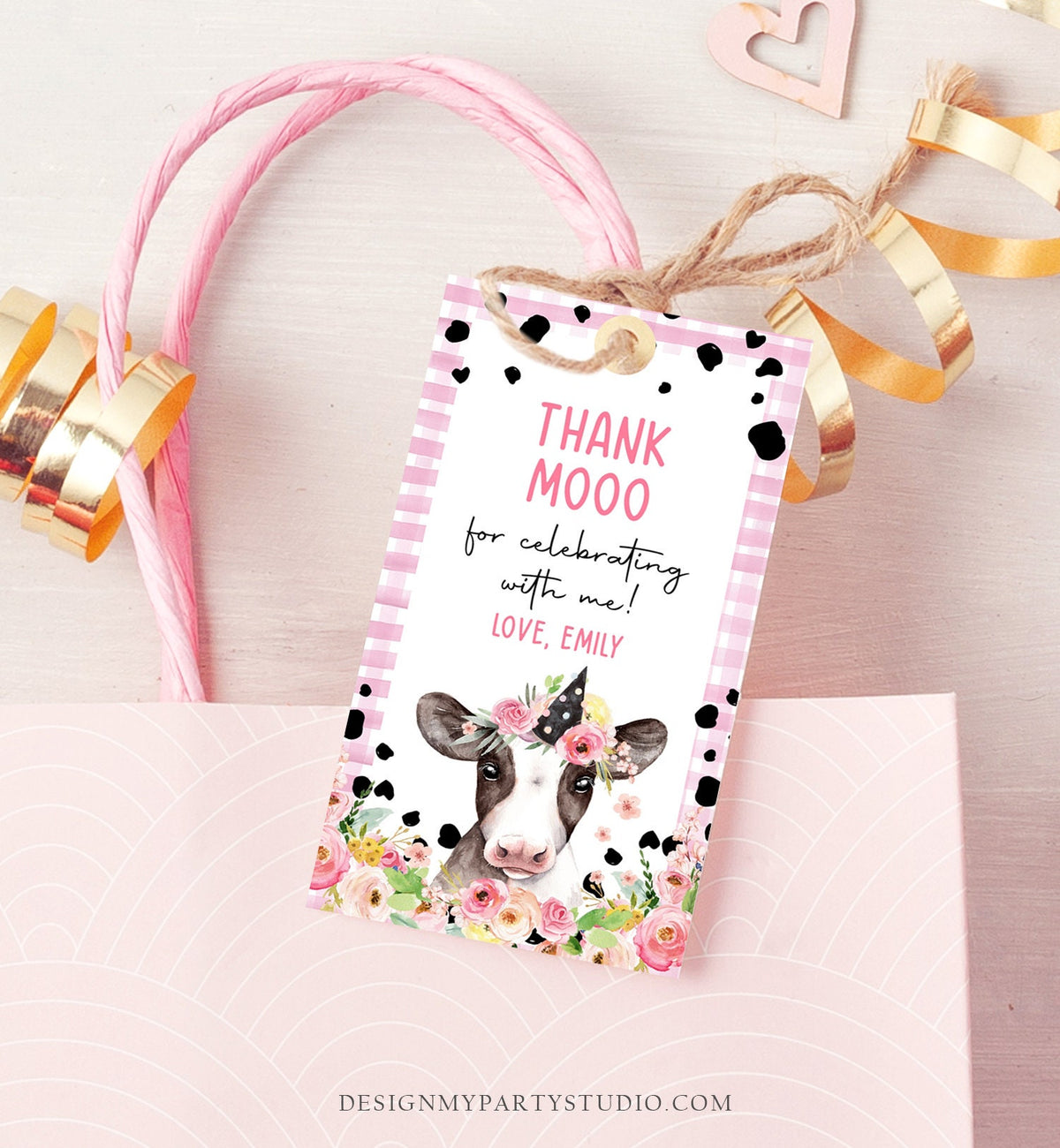 Editable Cow Thank You Tags Farm Favor Tags Thank Mooo Barnyard Gift Tags Pink Farm Floral Holy Cow Party Template Download Printable 0434