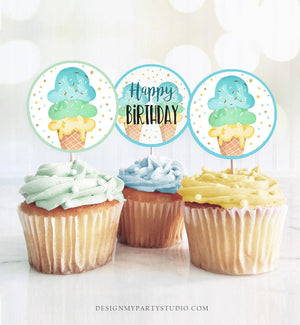Ice Cream Cupcake Toppers Favor Tags Ice Cream Birthday Party Decoration Boy Blue Mint Yellow Summer Scoop download Digital PRINTABLE 0243