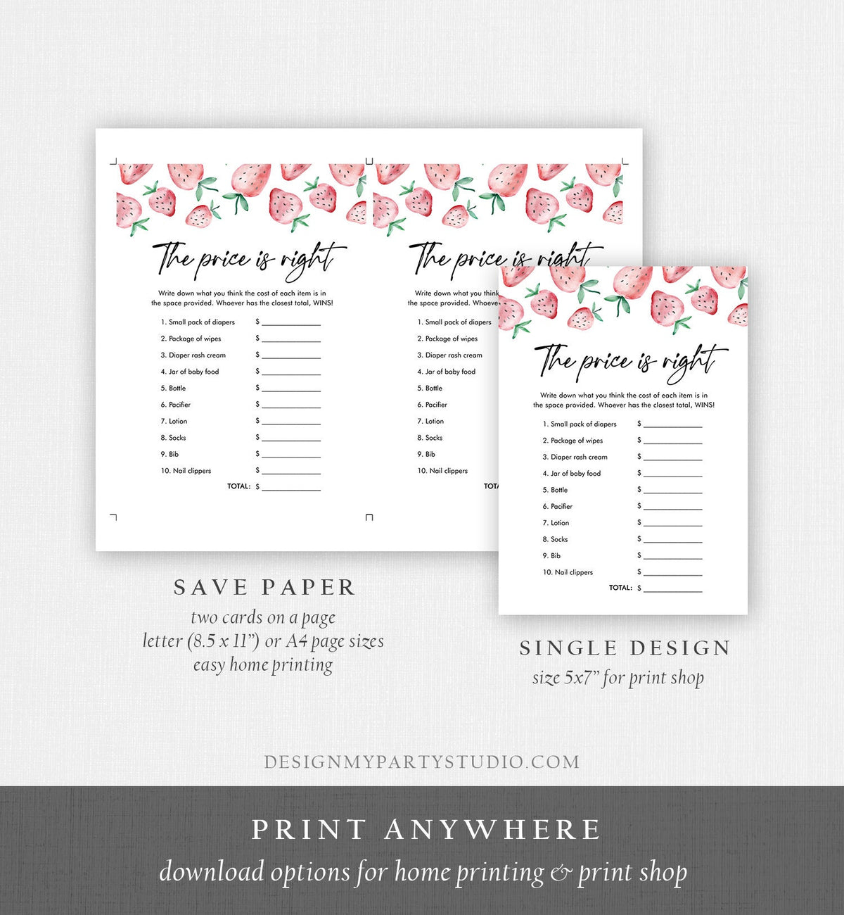 Editable The Price is Right Game Strawberry Baby Shower Baby Coed Sprinkle Strawberries Pink Digital Download Template Printable 0399