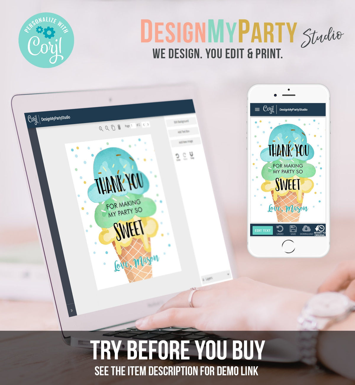 Editable Ice Cream Thank You Card Ice Cream Birthday Thank You Note Boy Birthday Summer Download Printable Template Digital Corjl 0243