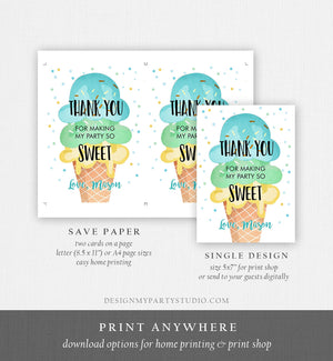 Editable Ice Cream Thank You Card Ice Cream Birthday Thank You Note Boy Birthday Summer Download Printable Template Digital Corjl 0243