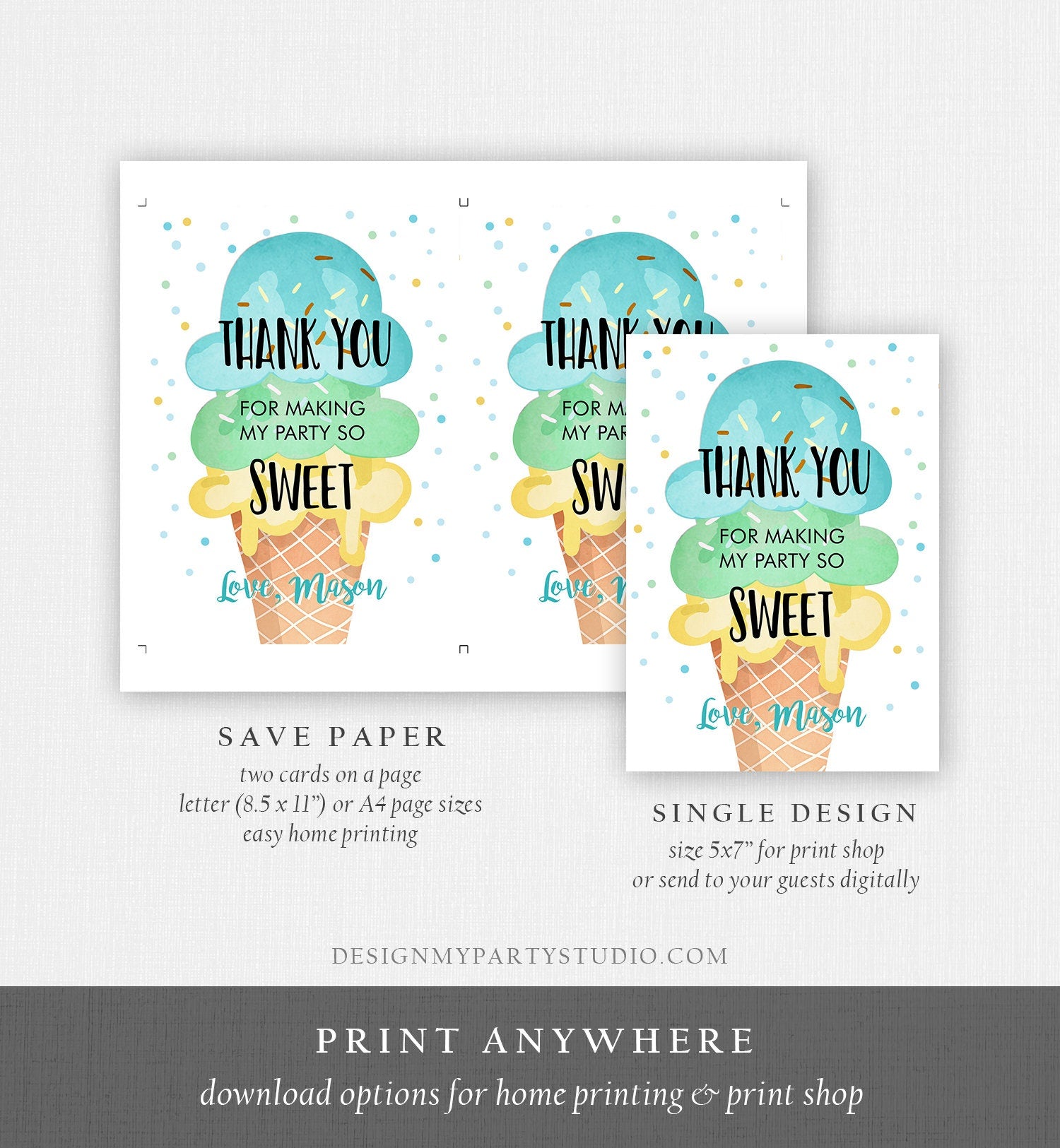 Editable Ice Cream Thank You Card Ice Cream Birthday Thank You Note Boy Birthday Summer Download Printable Template Digital Corjl 0243
