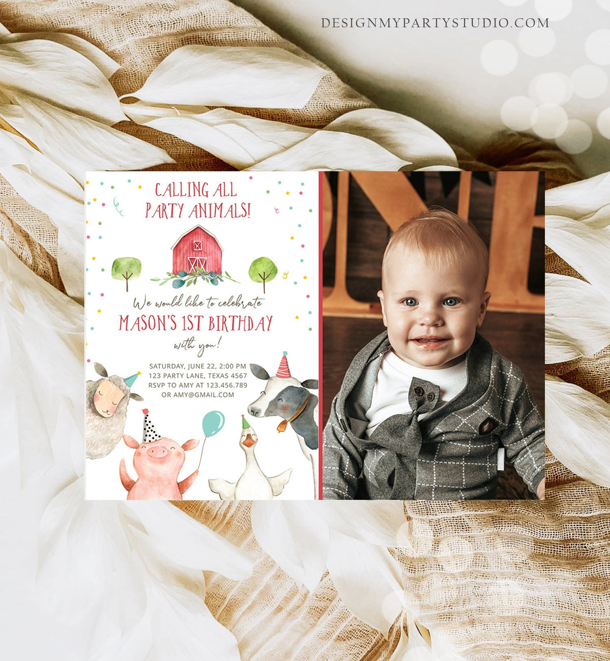 Editable Farm Animals Birthday Invitation Boy Farm Barnyard First Birthday Party Animals Confetti Download Corjl Template Printable 0155