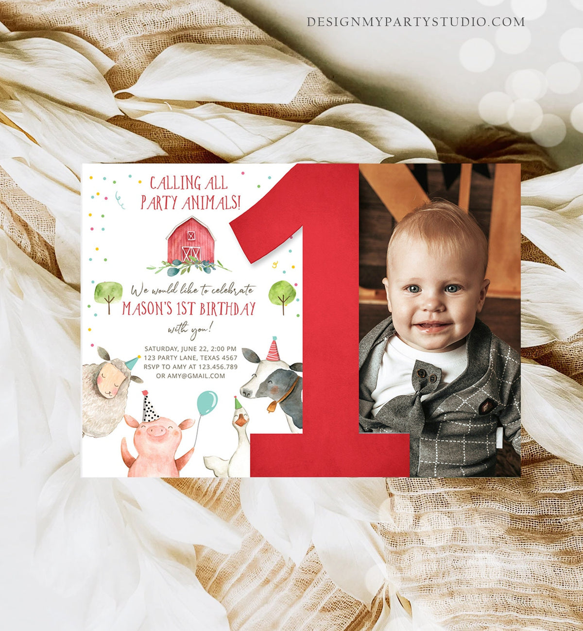 Editable Farm Animals 1st Birthday Invitation Boy Farm Barnyard First Birthday Party Animals Confetti Download Corjl Template Printable 0155