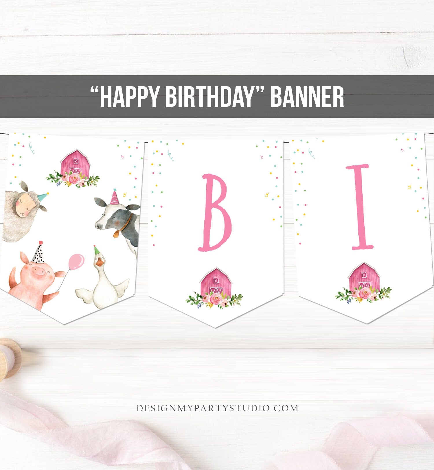 Happy Birthday Banner Pink Farm Birthday Banner Farm Animals Girl Barnyard Birthday Decor Confetti download PRINTABLE DIGITAL DIY 0155