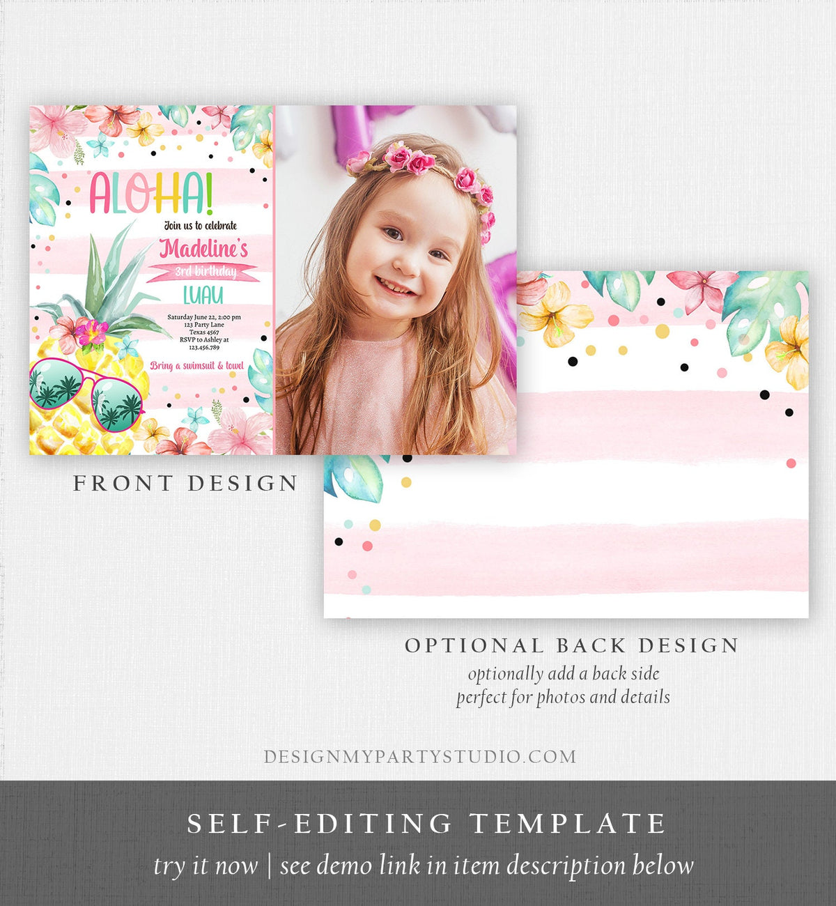Editable Hawaiian Luau Birthday Invitation Pineapple Birthday Party Pool Party Pineapple Pink Girl Digital Download Template Printable 0391