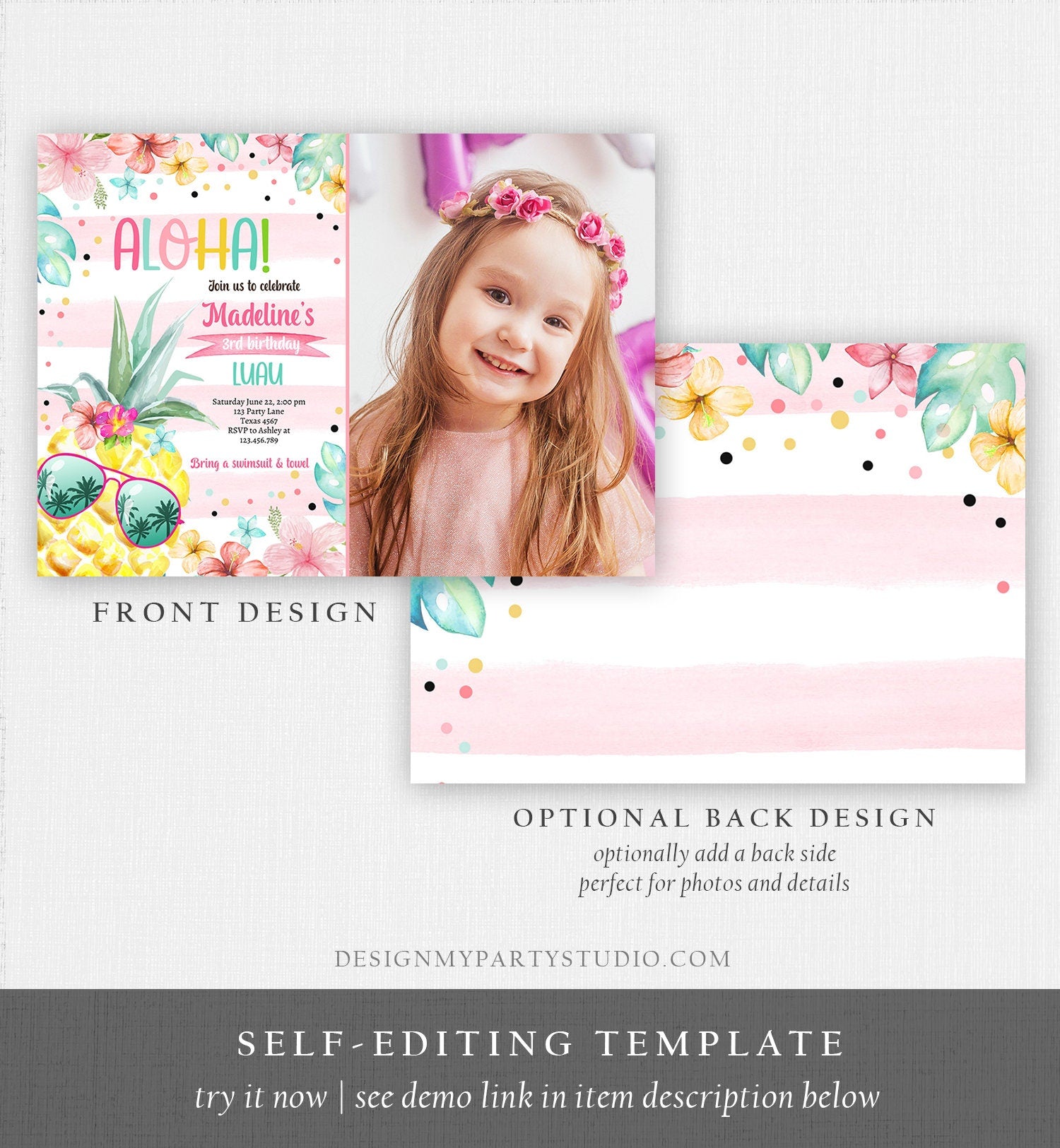 Editable Hawaiian Luau Birthday Invitation Pineapple Birthday Party Pool Party Pineapple Pink Girl Digital Download Template Printable 0391