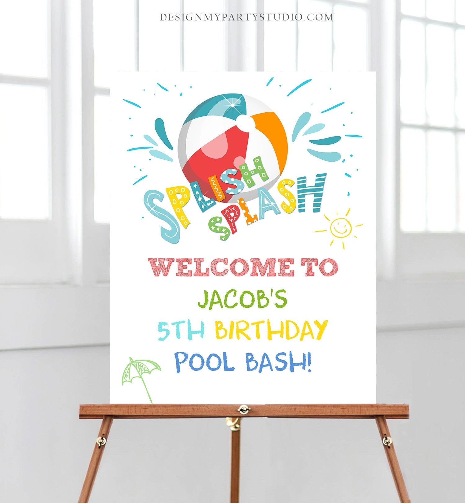 Editable Pool Party Welcome Sign Pool Party Birthday Beach Ball Pool Bash Boy Welcome Splish Splash Printable Welcome Template Corjl 0169