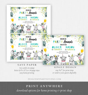 Editable Party Animals Birthday Invitation Wild One Safari Animals ANY AGE Boys Siblings Combined Joint Corjl Template Printable 0322