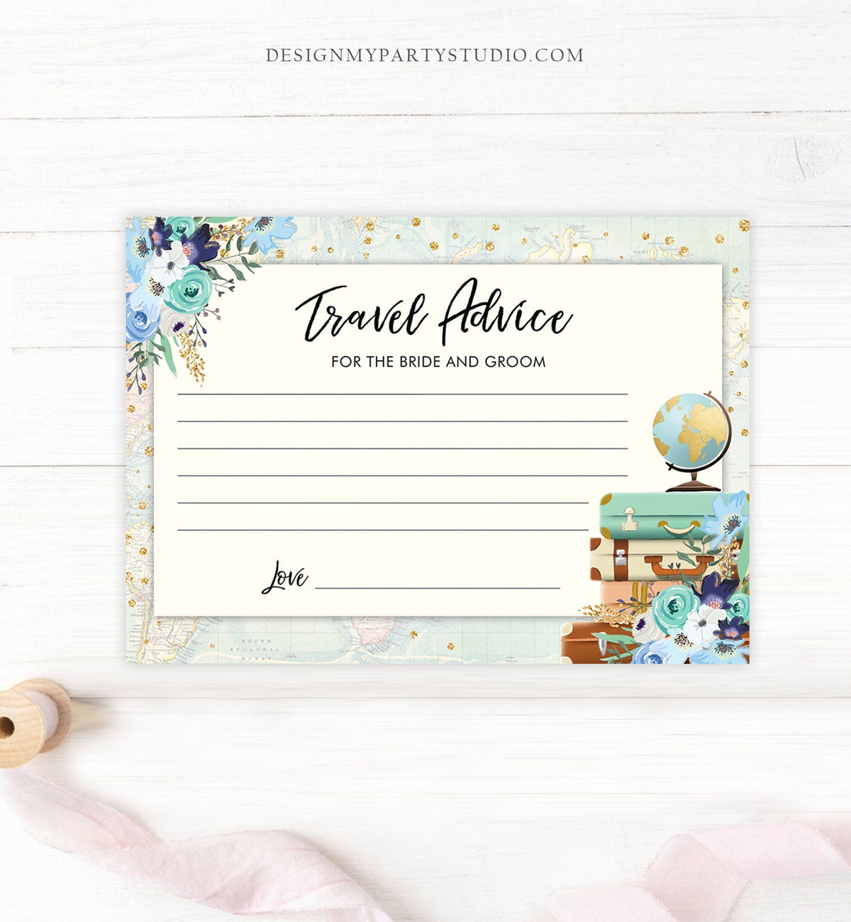 Editable Advice for the Bride-to-Be Card Bridal Shower Travel Words of Wisdom for Bride Game Adventure Blue Floral Gold Corjl Template 0030