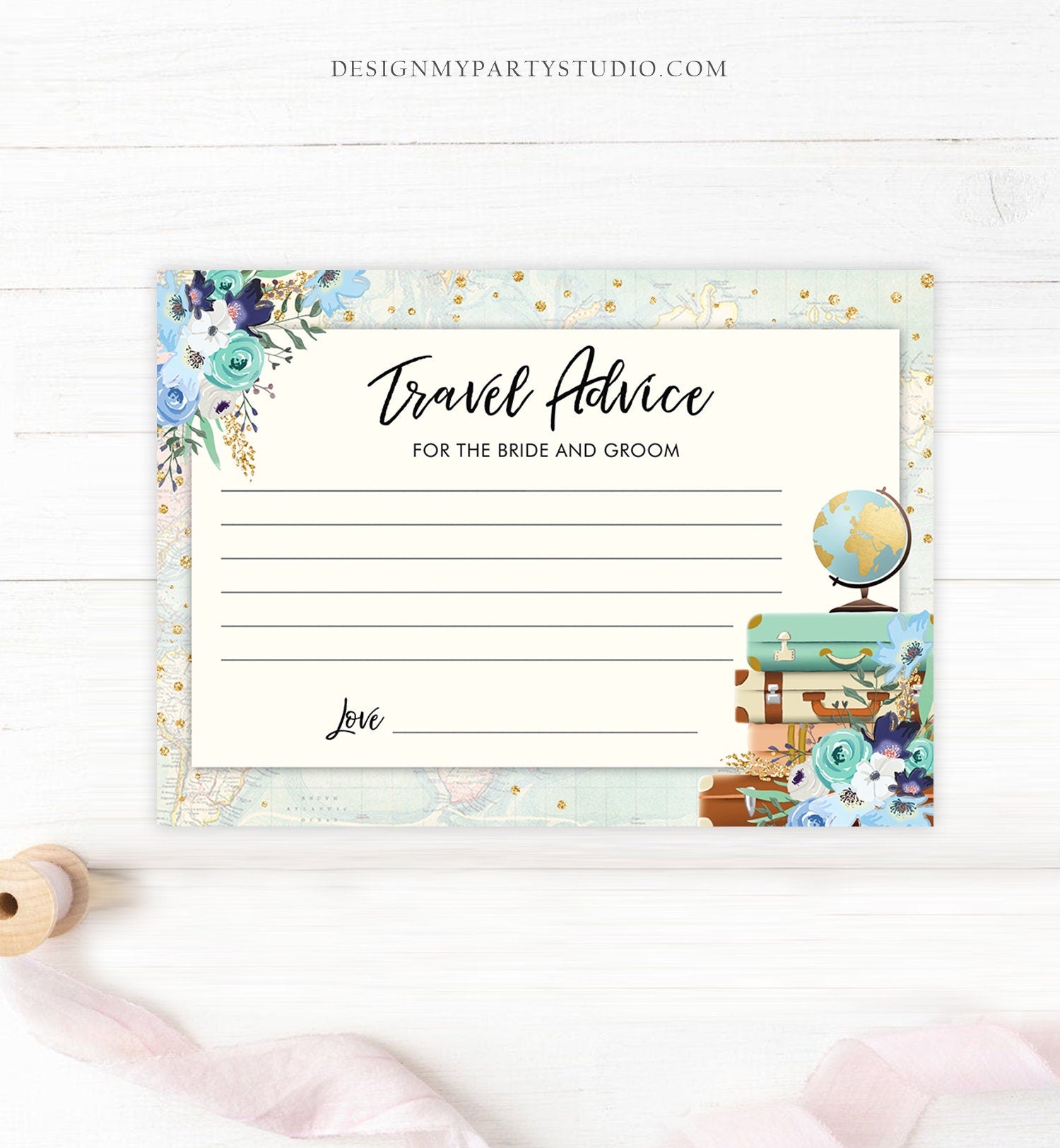 Editable Advice for the Bride-to-Be Card Bridal Shower Travel Words of Wisdom for Bride Game Adventure Blue Floral Gold Corjl Template 0030