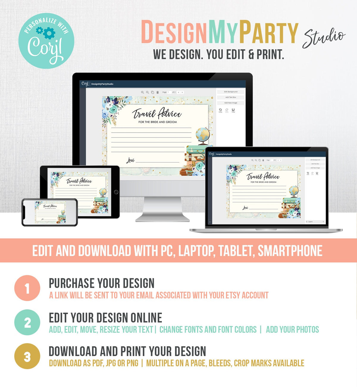 Editable Advice for the Bride-to-Be Card Bridal Shower Travel Words of Wisdom for Bride Game Adventure Blue Floral Gold Corjl Template 0030