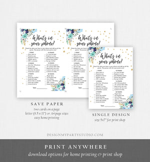 Editable What's in Your Phone Bridal Shower Game Wedding Shower Activity Blue Floral Gold Confetti Flowers Corjl Template Printable 0030