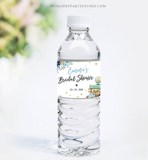 Editable Travel Adventure Water Bottle Labels Traveling to Mrs Suitcases Blue Gold Floral Flowers Printable Bottle Label Template Corjl 0030