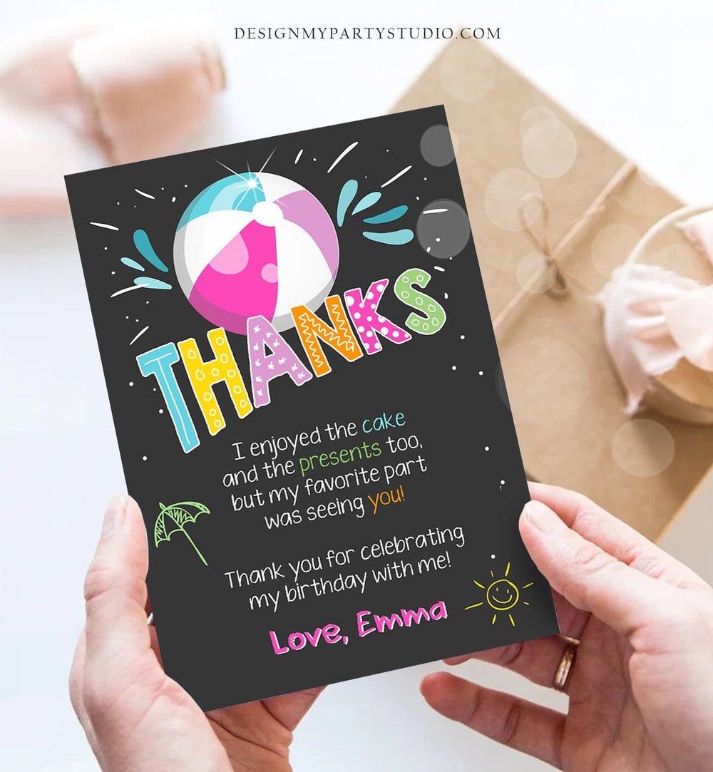 Editable Splish Splash Pool Party Thank You Card Birthday Pool Party G ...
