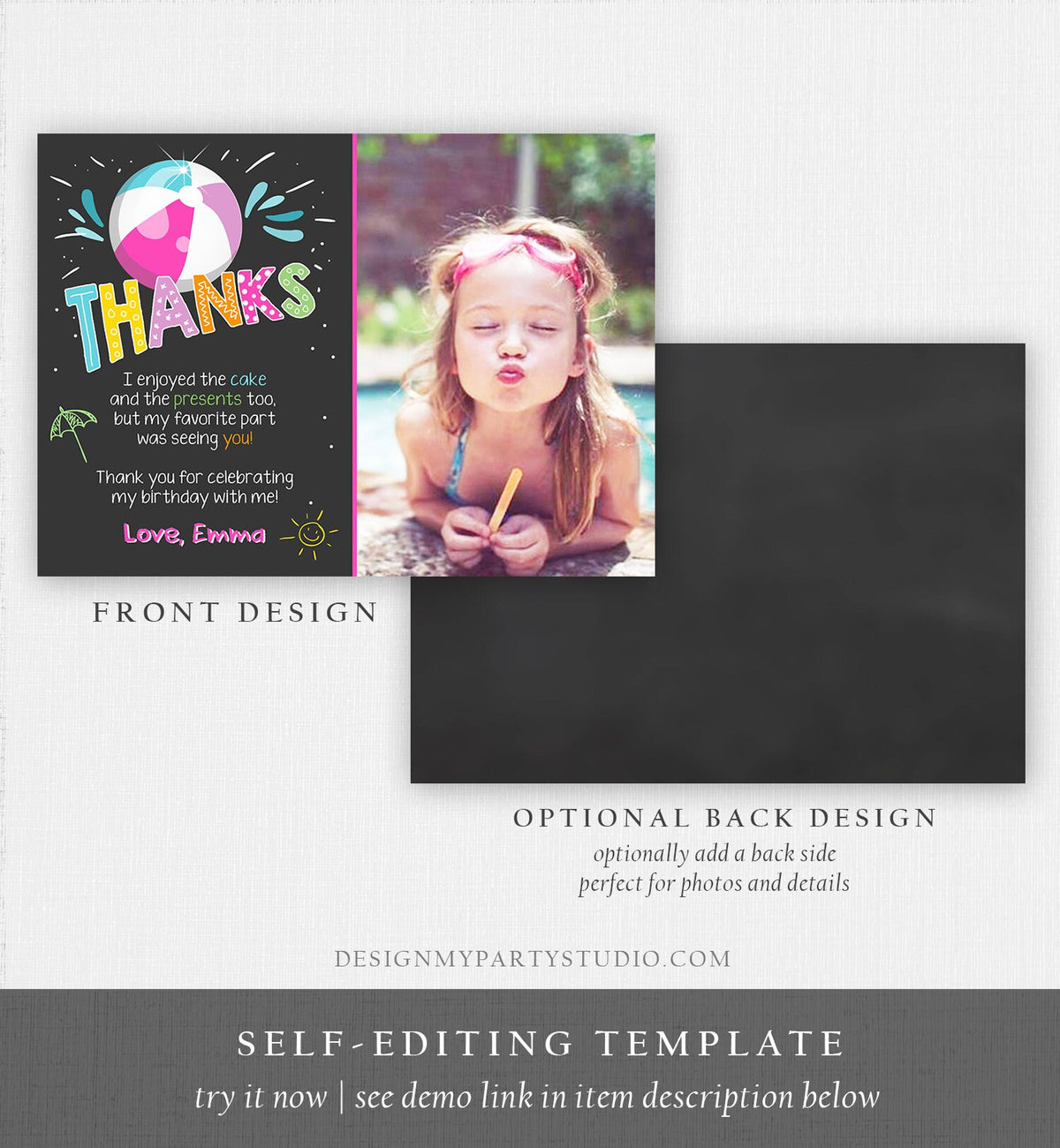 Editable Splish Splash Pool Party Thank You Card Birthday Pool Party Girl Beach Thank You Note Photo Template Instant Download Corjl 0169