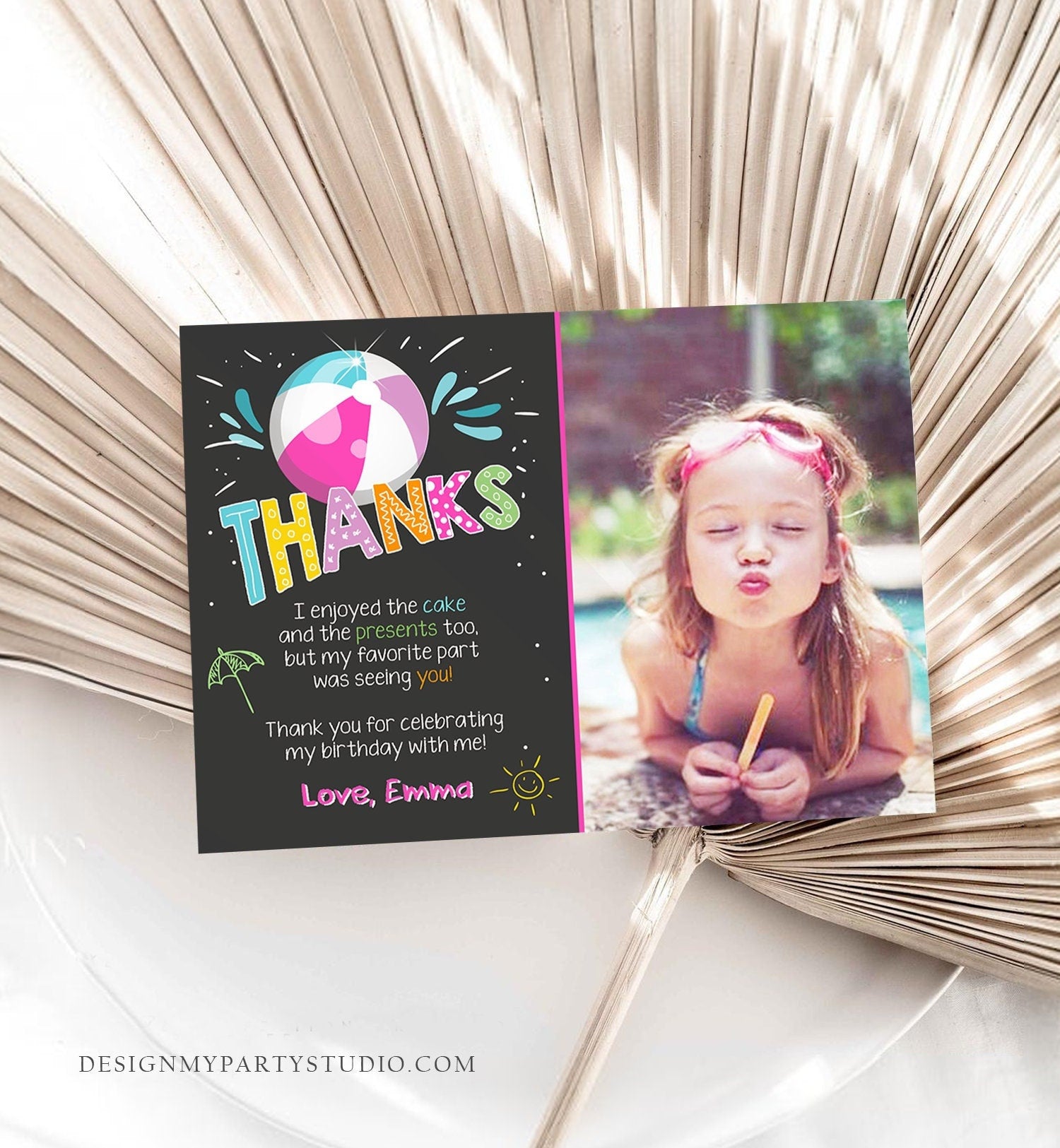 Editable Splish Splash Pool Party Thank You Card Birthday Pool Party Girl Beach Thank You Note Photo Template Instant Download Corjl 0169