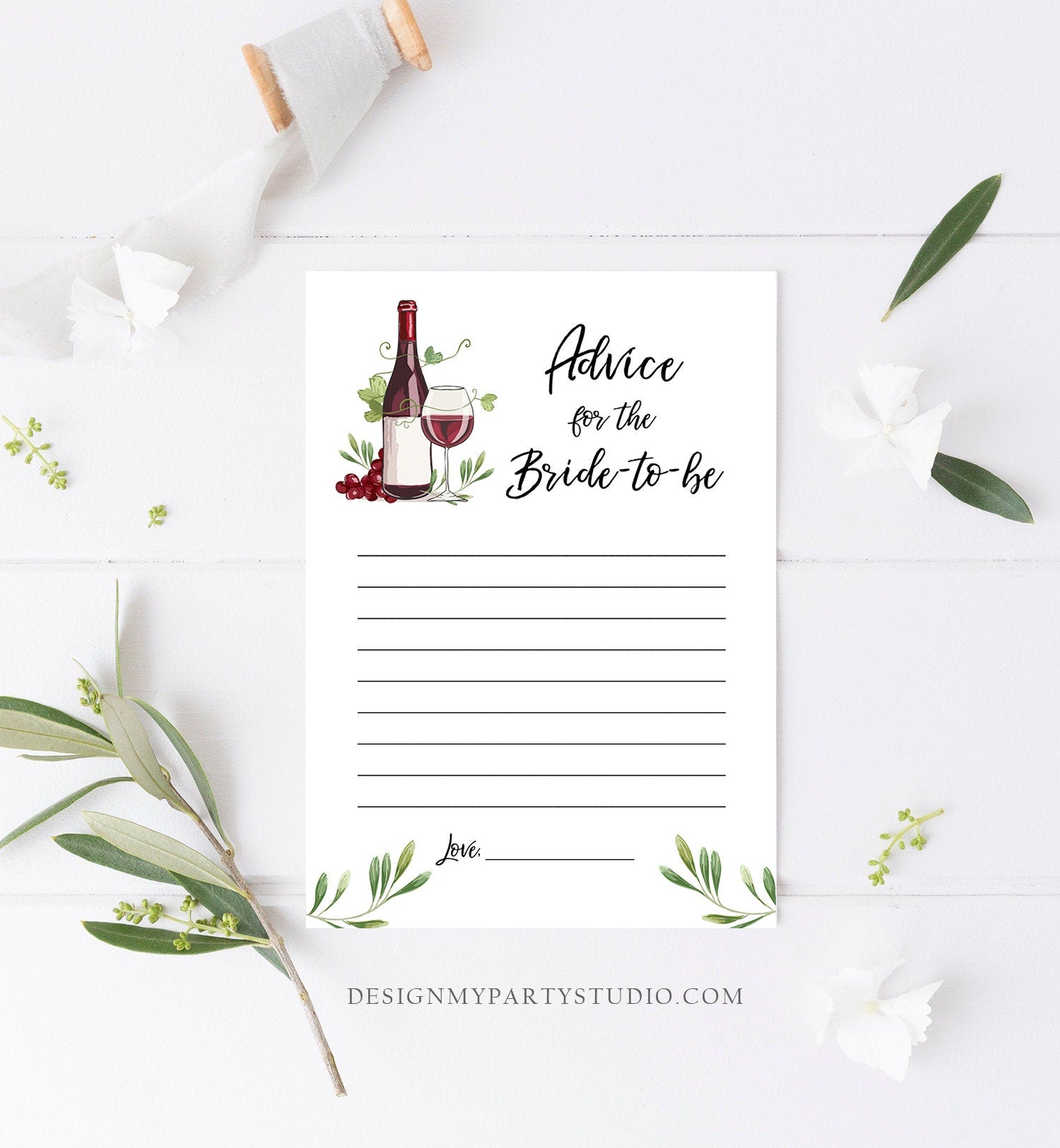 Editable Advice for the Bride-to-be Card Words of Wisdom Wine Grapes Vineyard Shower Game Wine Bottle Glass Corjl Template Printable 0234