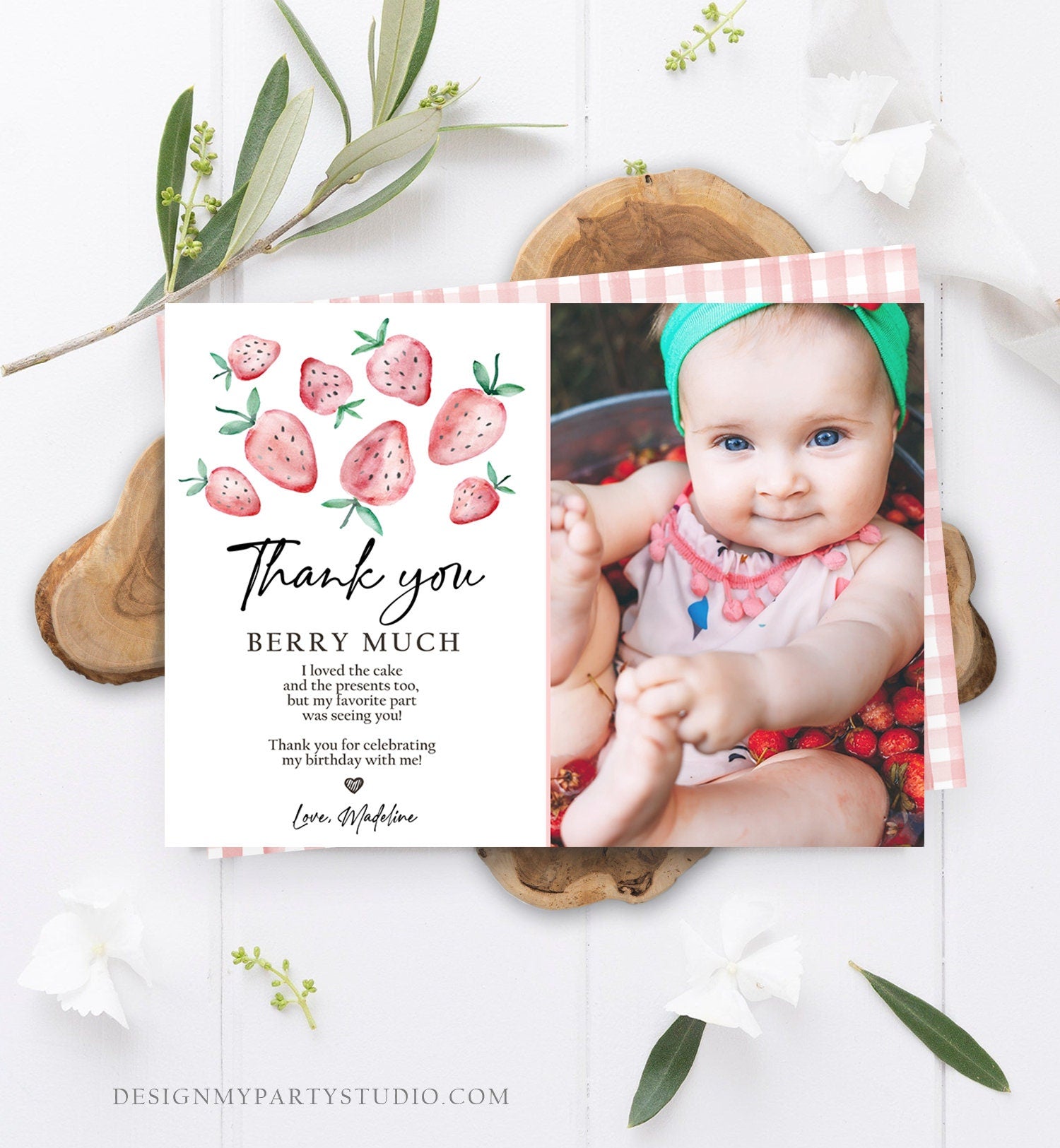 Editable Strawberry Thank You Card Strawberry Birthday First Berry Much Farmers Market Strawberries Digital Download Template Printable 0399