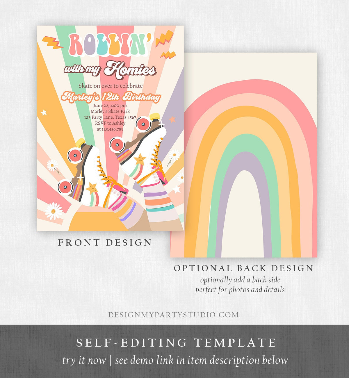 Editable Retro Roller Skate Birthday Party Invitation Rollin&#39; With My Homies Skating 70&#39;s Skate Invite Template Digital Evite Printable 0435
