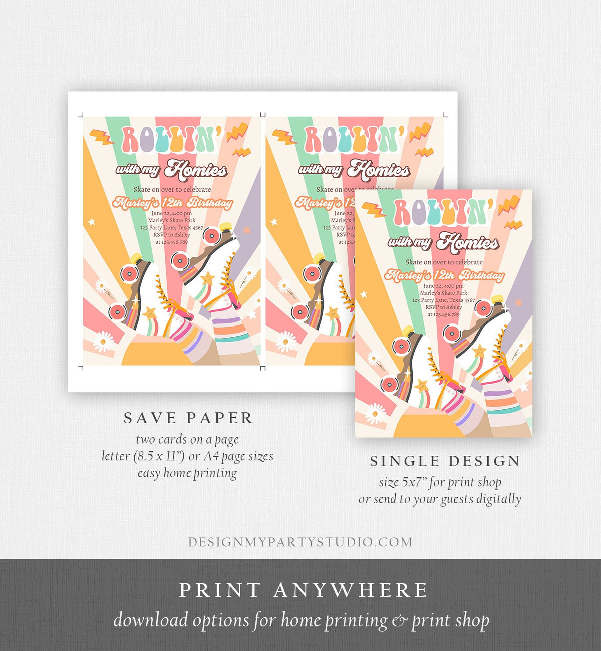 Editable Retro Roller Skate Birthday Party Invitation Rollin&#39; With My Homies Skating 70&#39;s Skate Invite Template Digital Evite Printable 0435