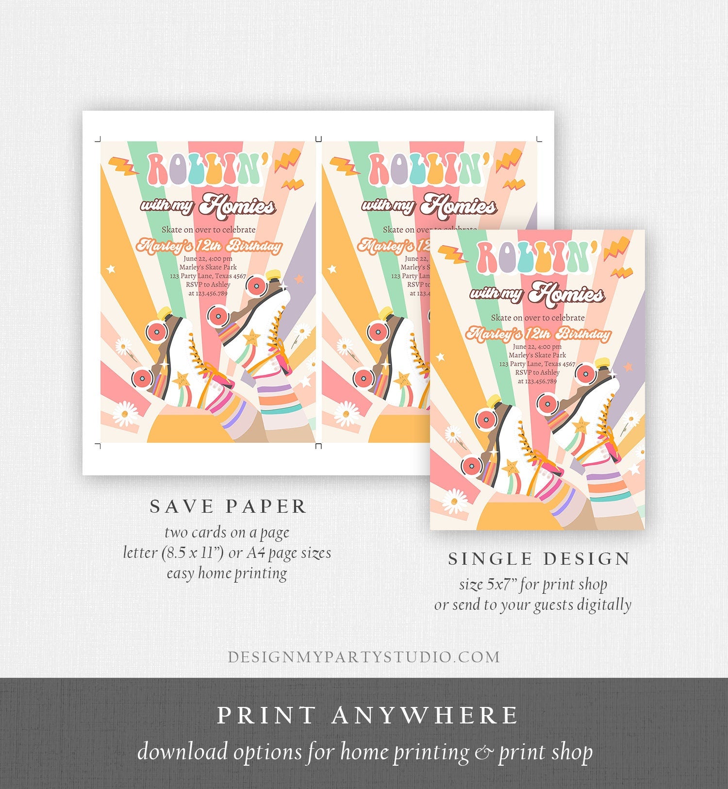 Editable Retro Roller Skate Birthday Party Invitation Rollin' With My Homies Skating 70's Skate Invite Template Digital Evite Printable 0435