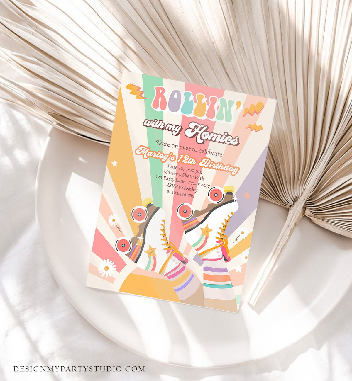 Editable Retro Roller Skate Birthday Party Invitation Rollin&#39; With My Homies Skating 70&#39;s Skate Invite Template Digital Evite Printable 0435