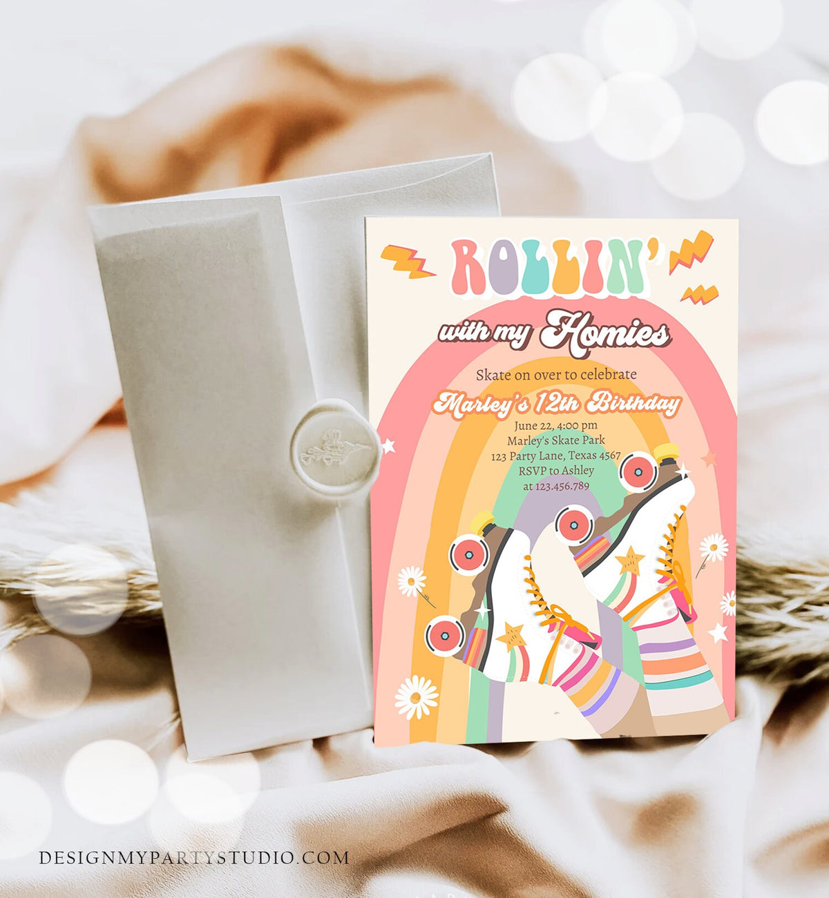 Editable Retro Roller Skate Birthday Party Invitation Rollin&#39; With My Homies Skating 70&#39;s Skate Invite Download Template Corjl Digital 0435