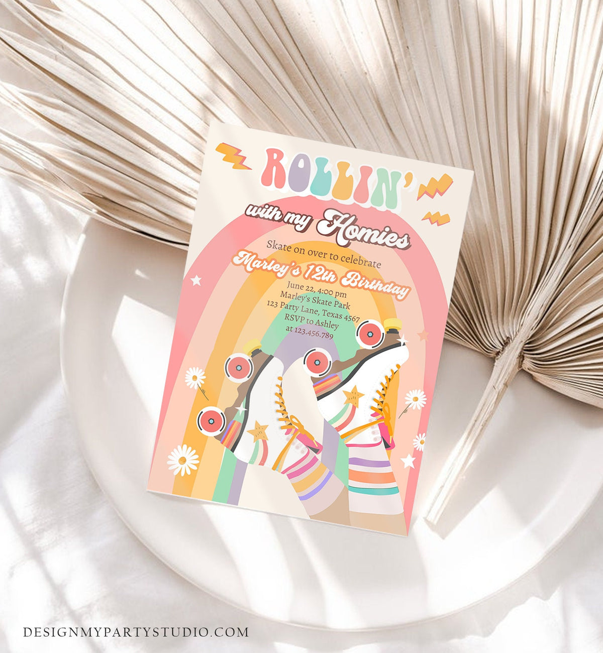 Editable Retro Roller Skate Birthday Party Invitation Rollin&#39; With My Homies Skating 70&#39;s Skate Invite Download Template Corjl Digital 0435