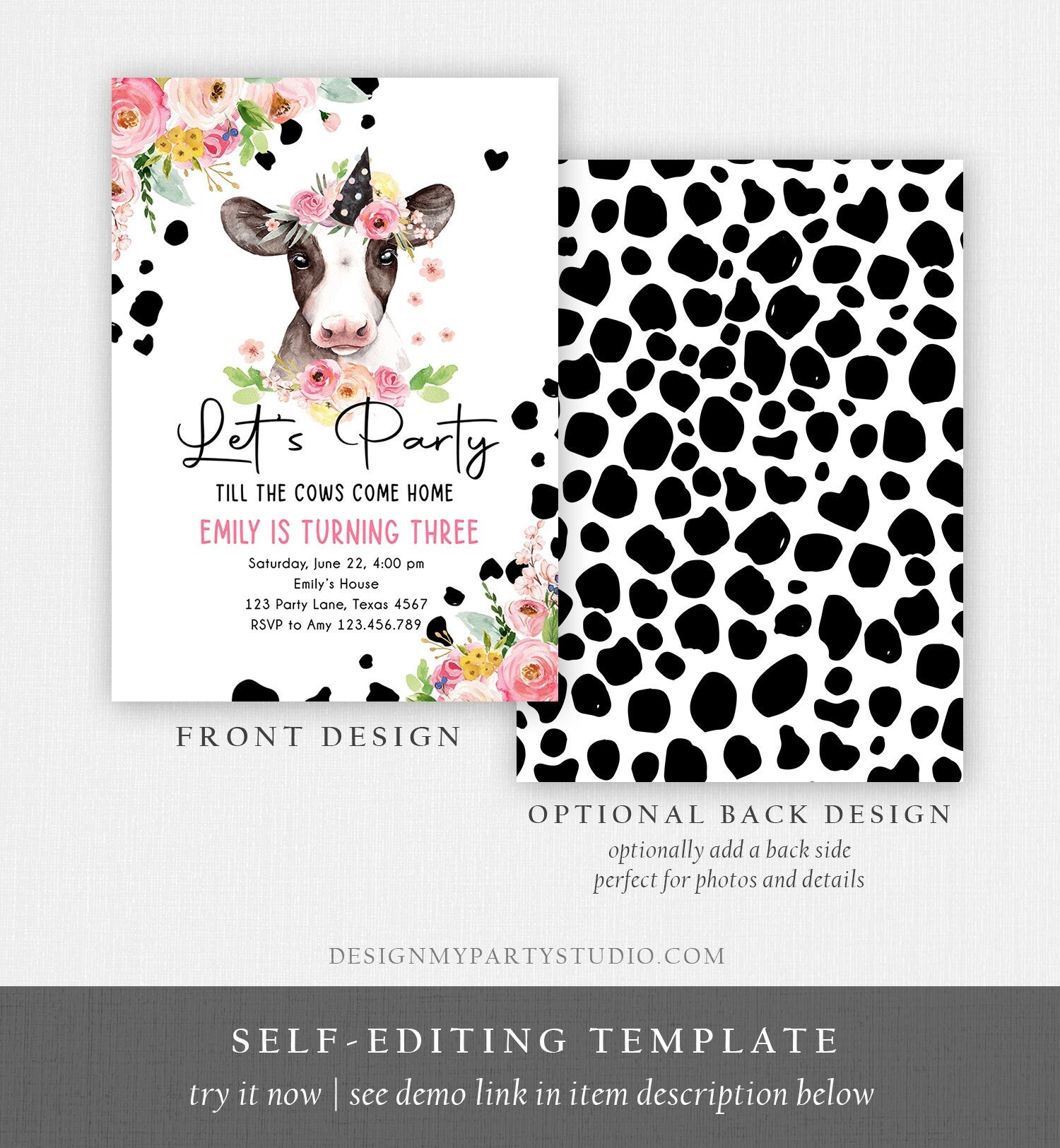 Editable Cow Birthday Invitation Girl Farm Animals Let's Party Till The Cowgirl Come Home Holy 1st Digital Download Template Printable 0434