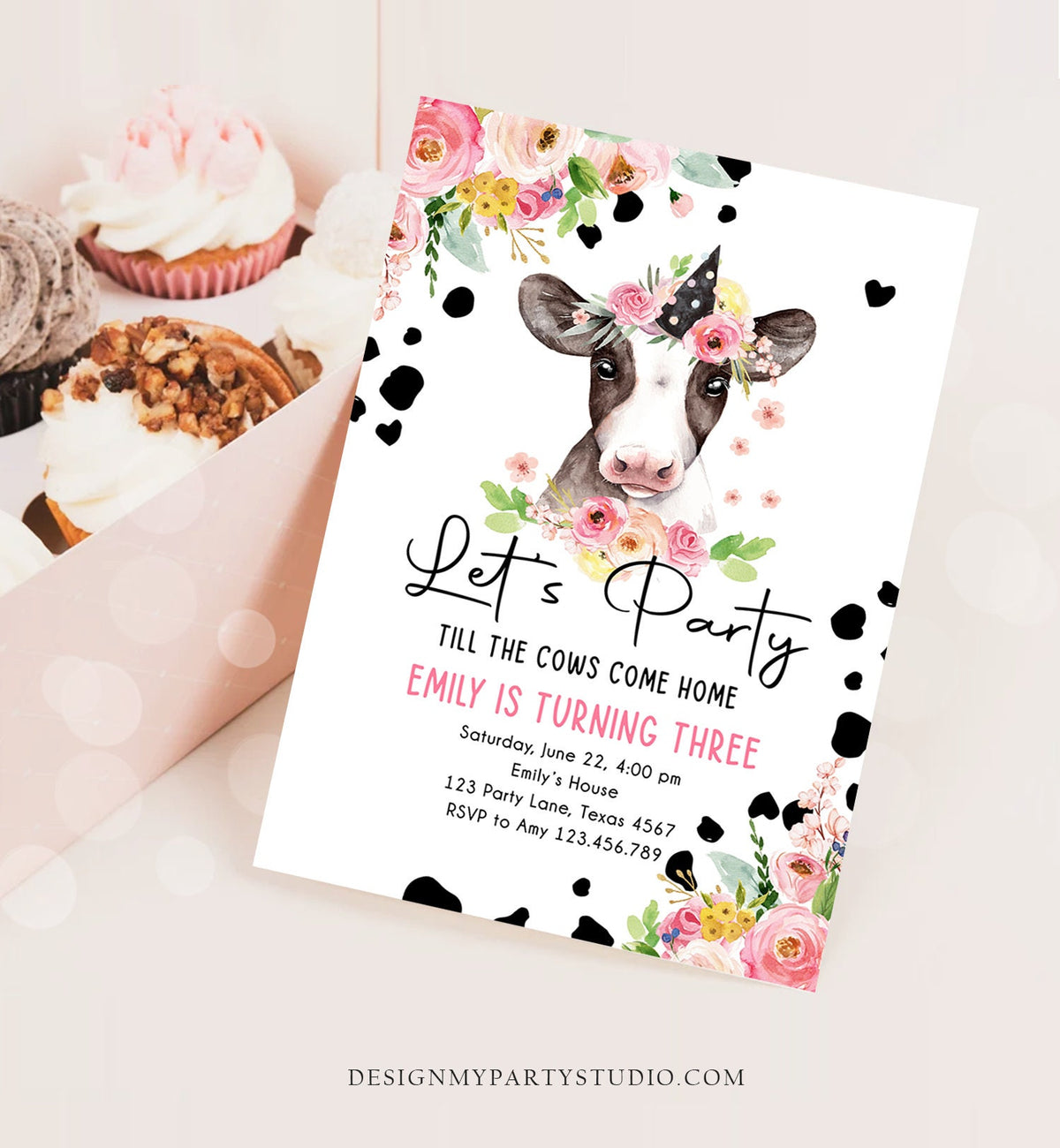 Editable Cow Birthday Invitation Girl Farm Animals Let&#39;s Party Till The Cowgirl Come Home Holy 1st Digital Download Template Printable 0434
