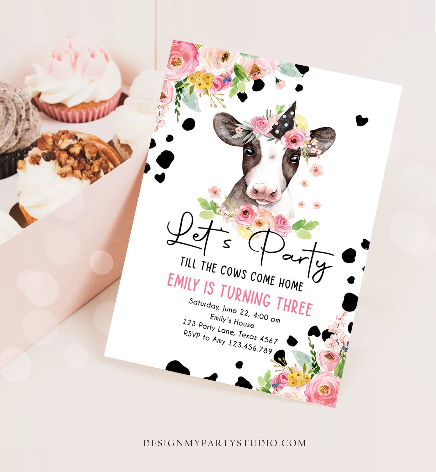 Editable Cow Birthday Invitation Girl Farm Animals Let's Party Till The Cowgirl Come Home Holy 1st Digital Download Template Printable 0434