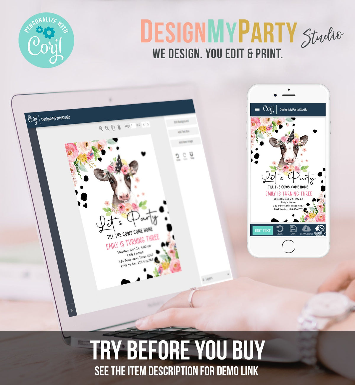 Editable Cow Birthday Invitation Girl Farm Animals Let&#39;s Party Till The Cowgirl Come Home Holy 1st Digital Download Template Printable 0434