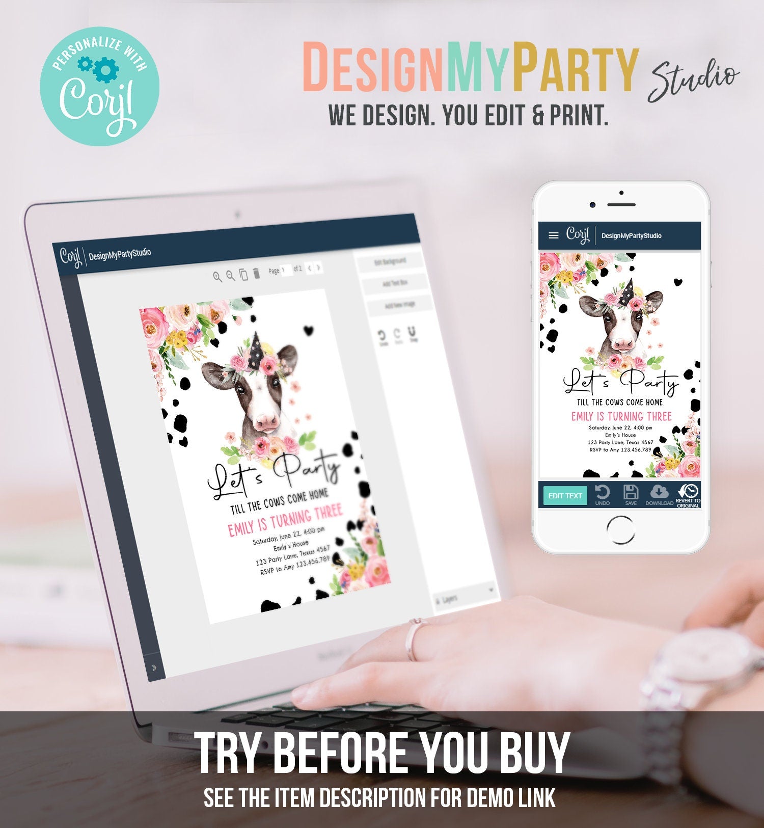 Editable Cow Birthday Invitation Girl Farm Animals Let's Party Till The Cowgirl Come Home Holy 1st Digital Download Template Printable 0434