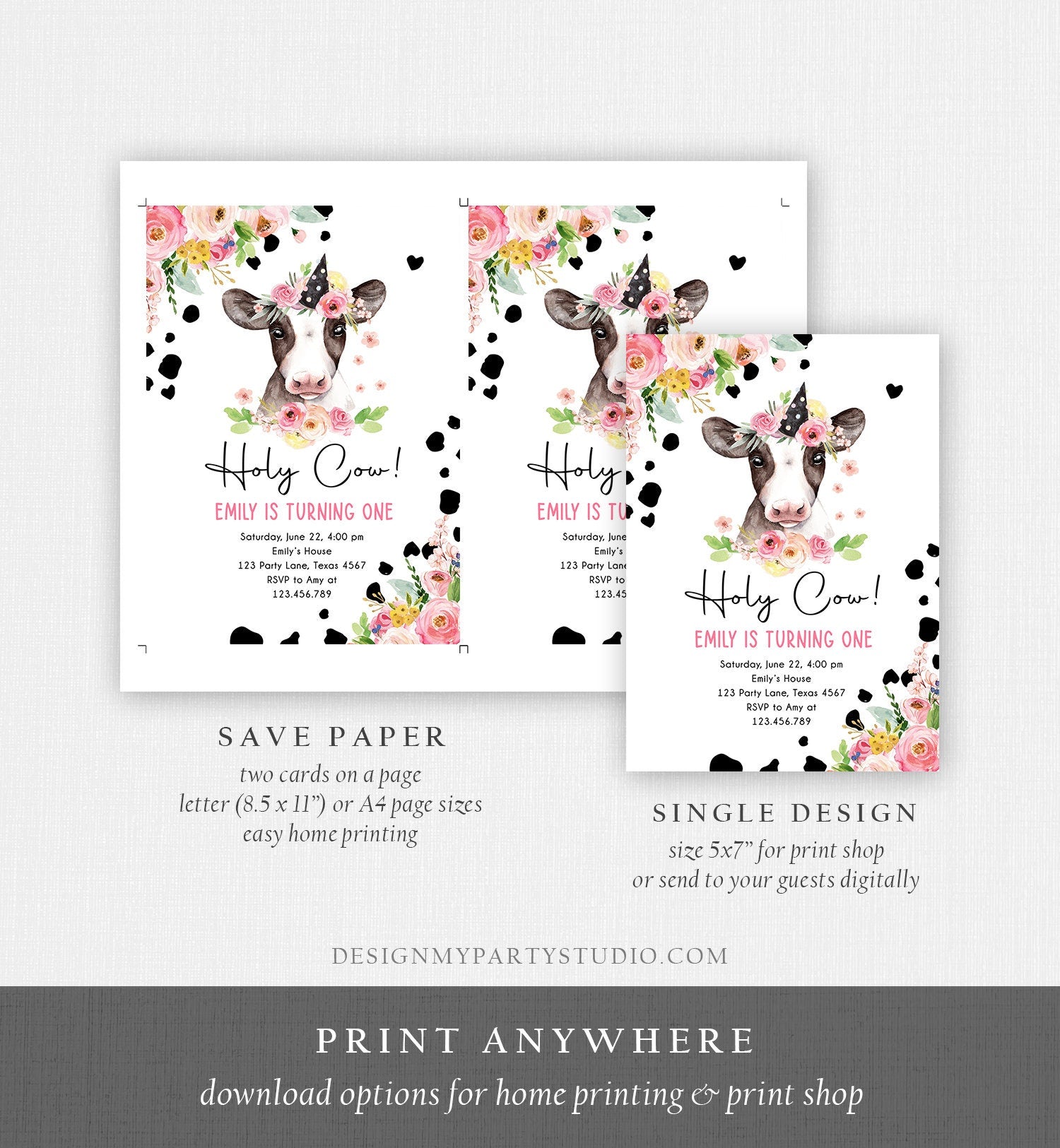 Editable Cow Birthday Invitation Girl Farm Animals Pink Floral Barnyard Party Holy Cow Party One Digital Download Template Printable 0434