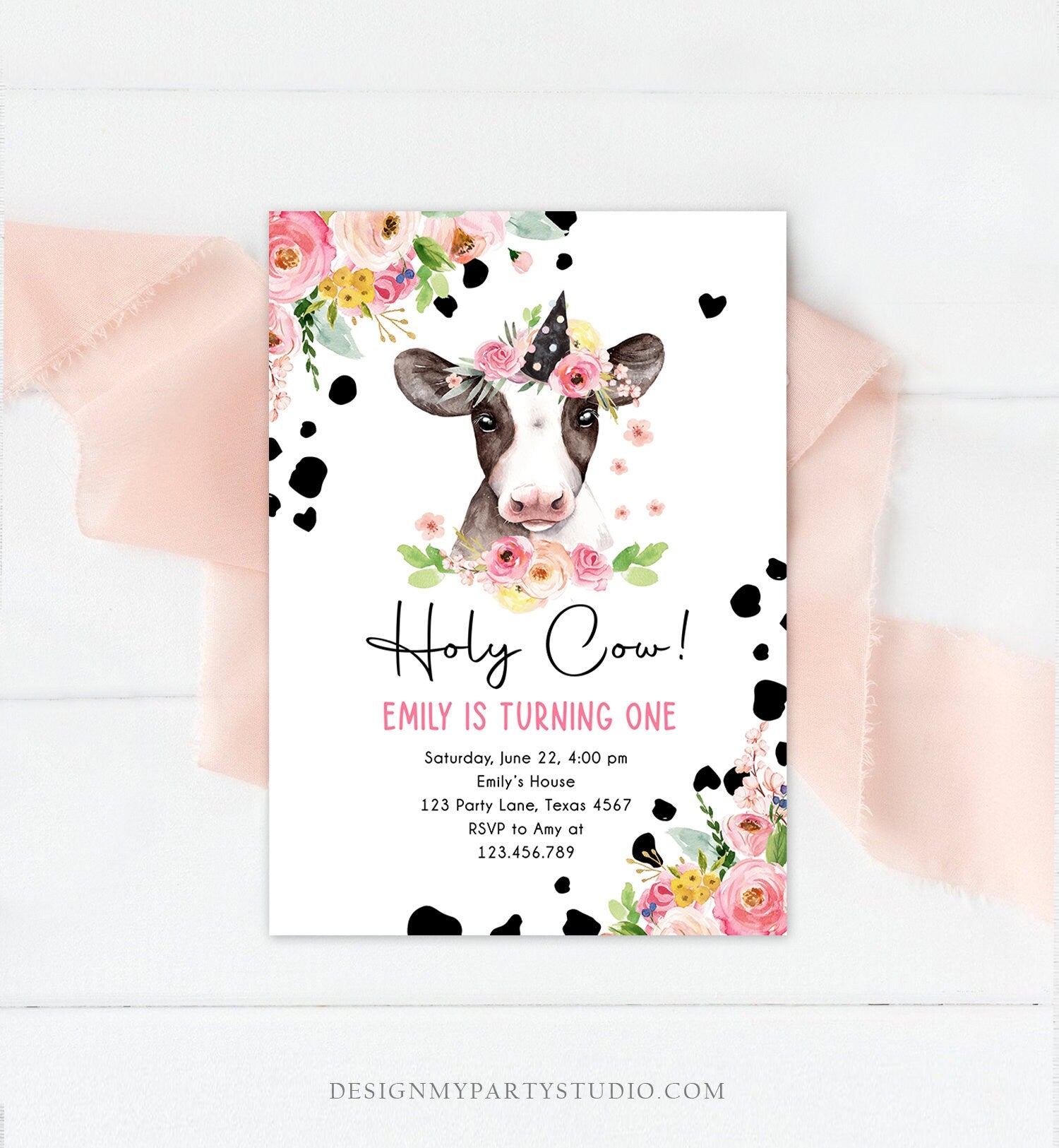 Editable Cow Birthday Invitation Girl Farm Animals Pink Floral Barnyard Party Holy Cow Party 1st One Download Printable Template Corjl 0434