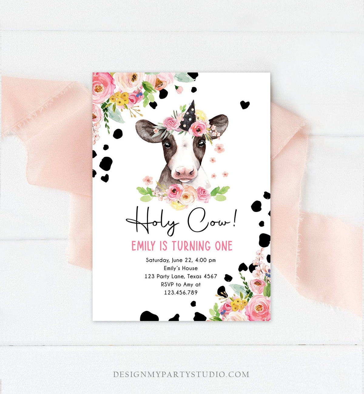 Editable Cow Birthday Invitation Girl Farm Animals Pink Floral Barnyard Party Holy Cow Party One Digital Download Template Printable 0434