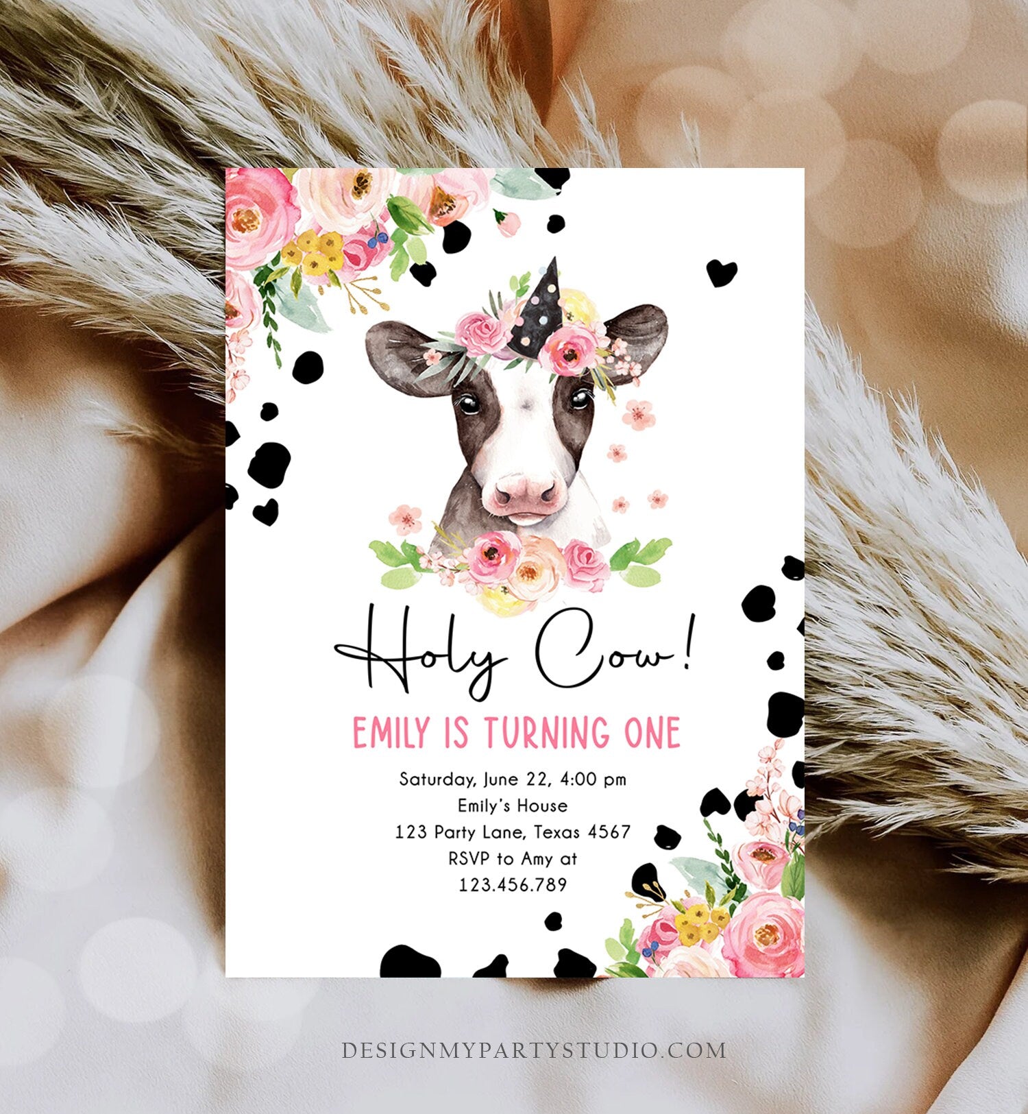 Editable Cow Birthday Invitation Girl Farm Animals Pink Floral Barnyard Party Holy Cow Party One Digital Download Template Printable 0434