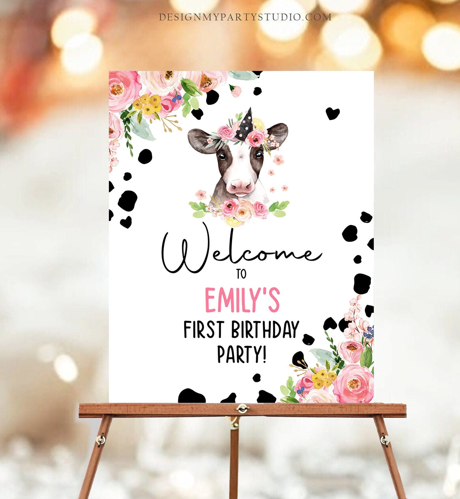 Editable Cow Birthday Welcome Sign Barnyard Birthday Welcome Sign Pink Farm Animals Girl Digital Download Template Printable 0434