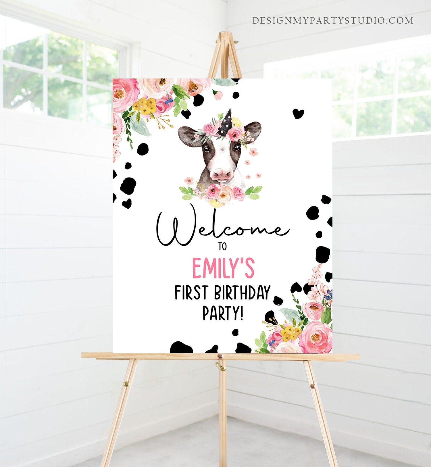 Editable Cow Birthday Welcome Sign Barnyard Birthday Welcome Sign Pink Farm Animals Girl Digital Download Template Printable 0434