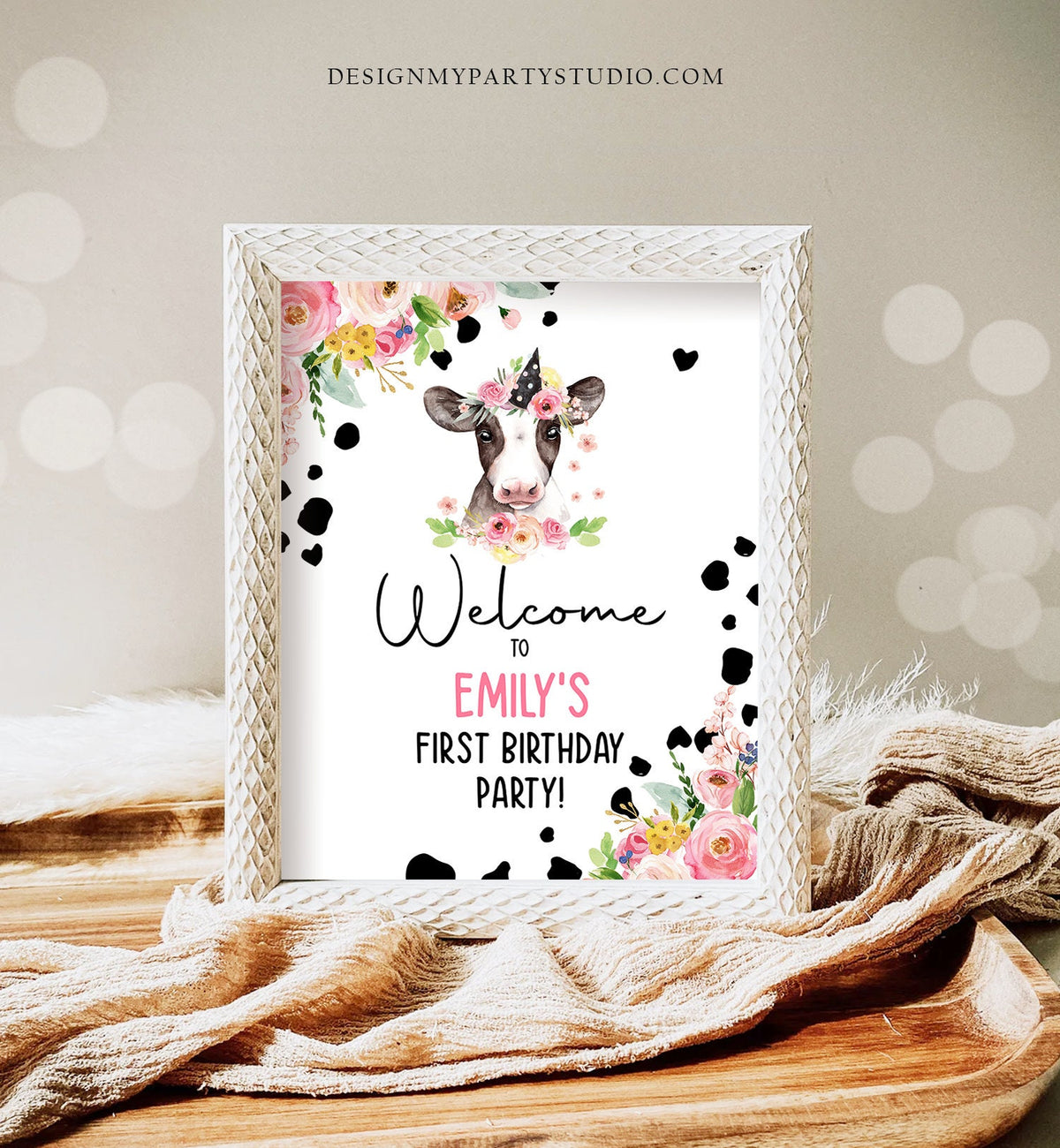 Editable Cow Birthday Welcome Sign Barnyard Birthday Welcome Sign Pink Farm Animals Girl Digital Download Template Printable 0434