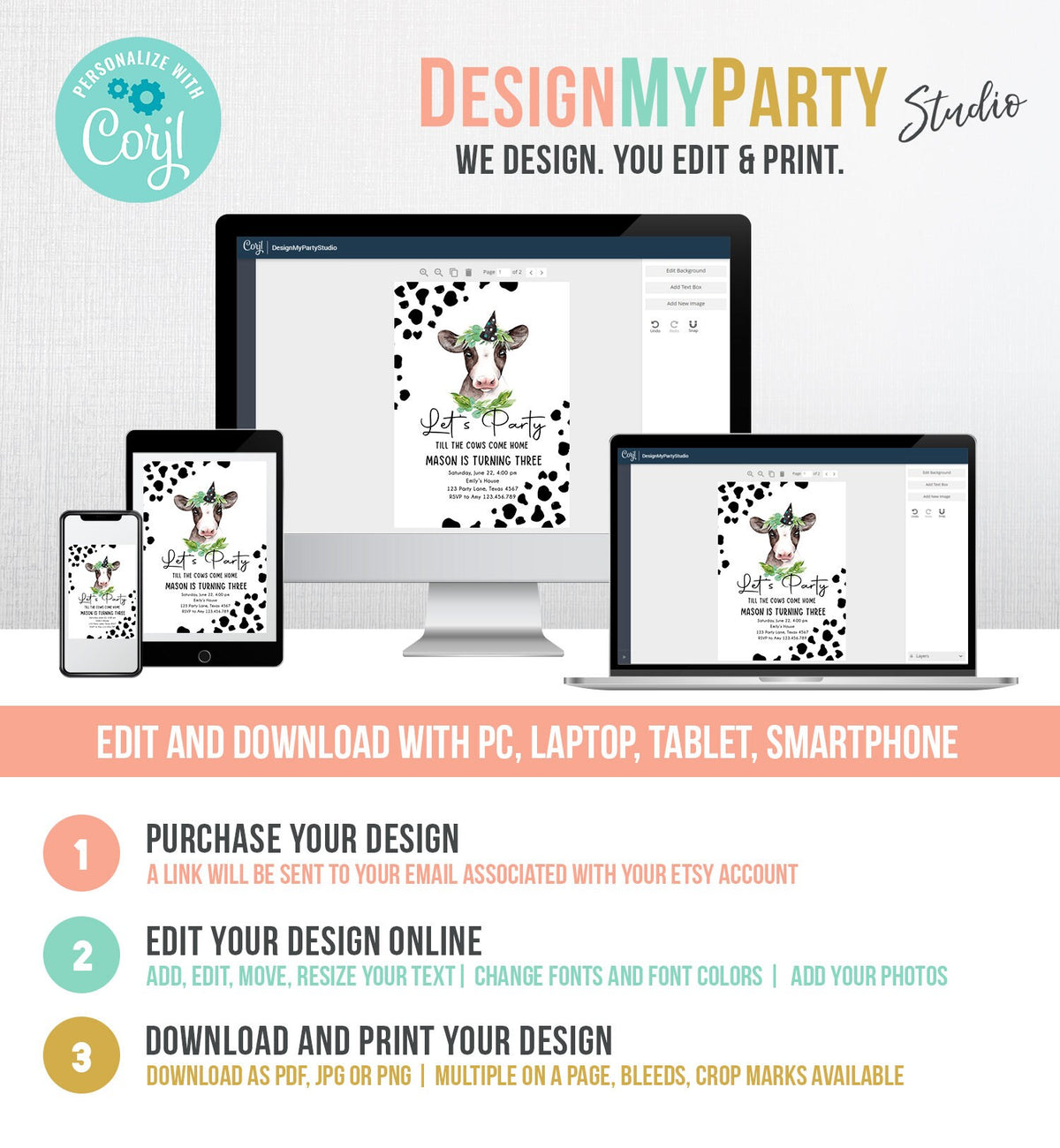 Editable Cow Birthday Invitation Boy Farm Animals Let&#39;s Party Til The Cows Come Home Holy Cow 1st Download Printable Template Corjl 0434