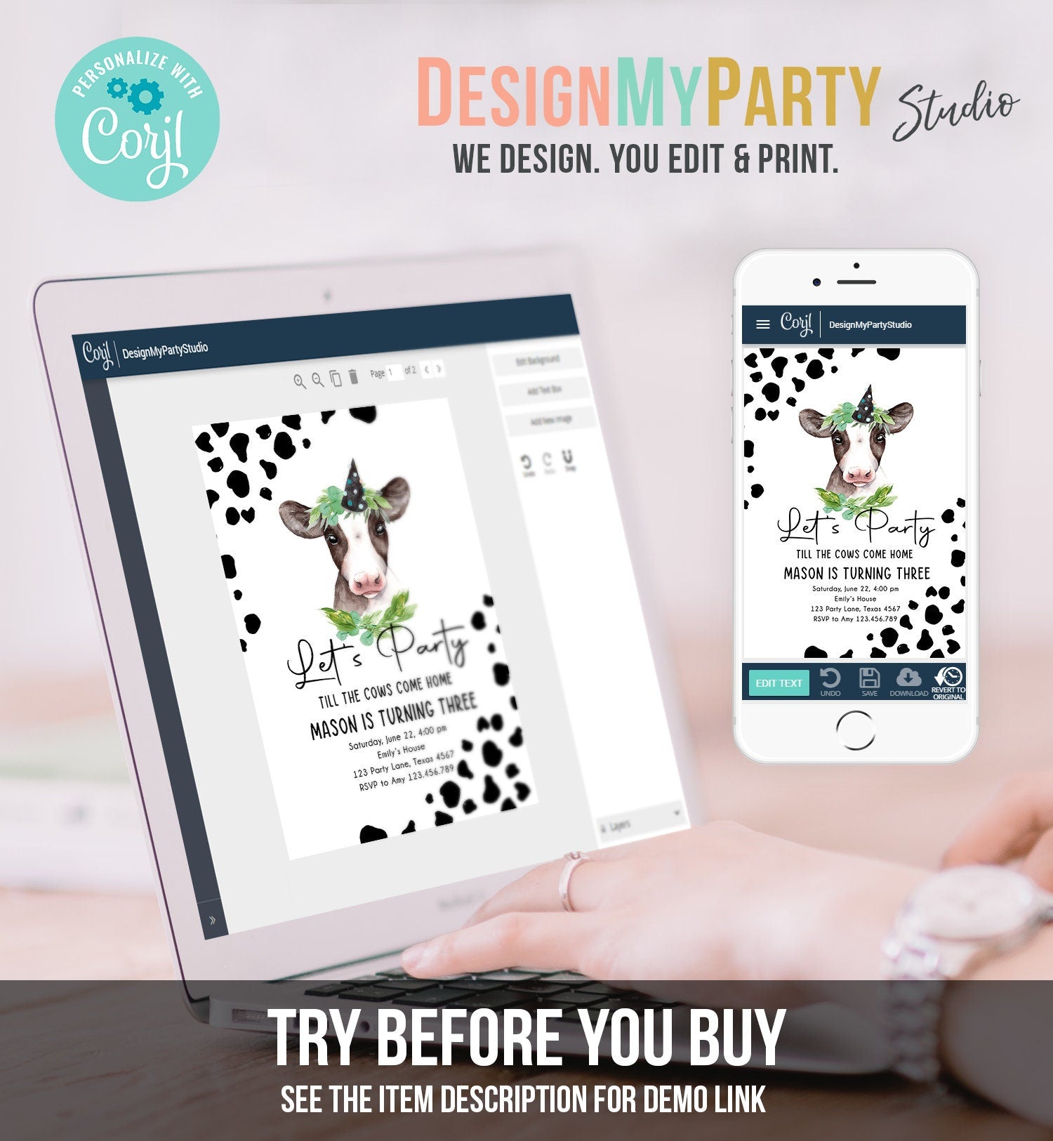Editable Cow Birthday Invitation Boy Farm Animals Let's Party Til The - Design My Party Studio editable-cow-birthday-invitation-boy-farm-animals-let-s-party-til-the-design-my-party-studio