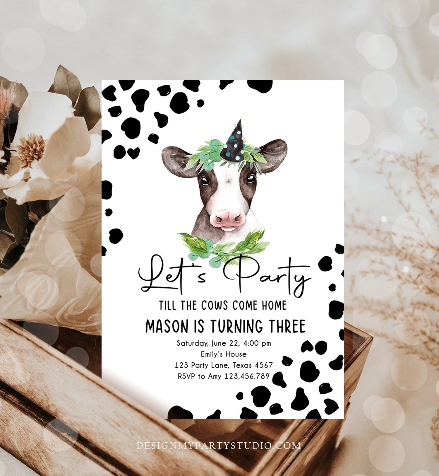 Editable Cow Birthday Invitation Boy Farm Animals Let's Party Til The Cows Come Home Holy Cow 1st Download Printable Template Corjl 0434