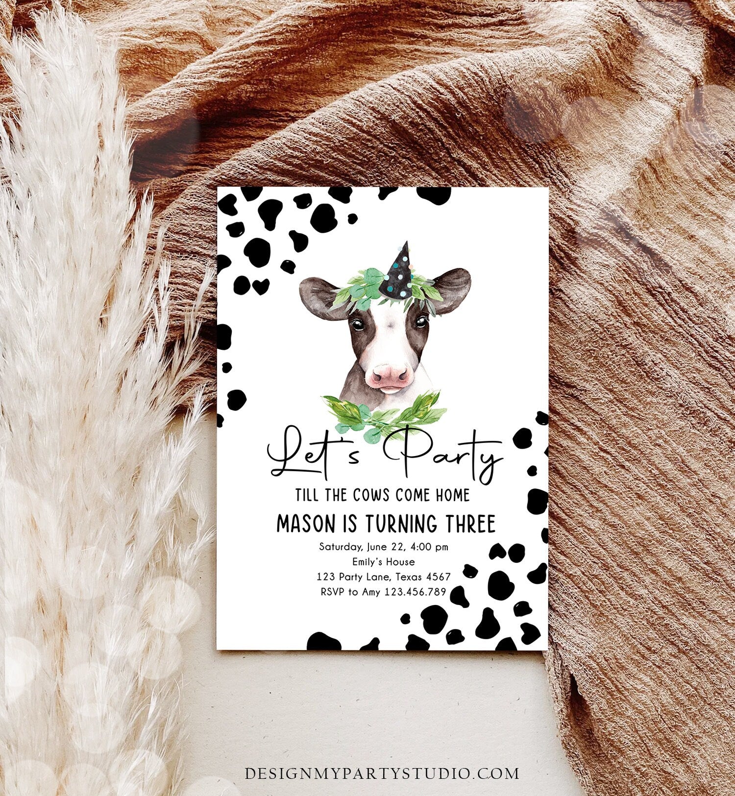 Editable Cow Birthday Invitation Boy Farm Animals Let's Party Till The Cows Come Home Holy Cow 1st Download Printable Template Corjl 0434