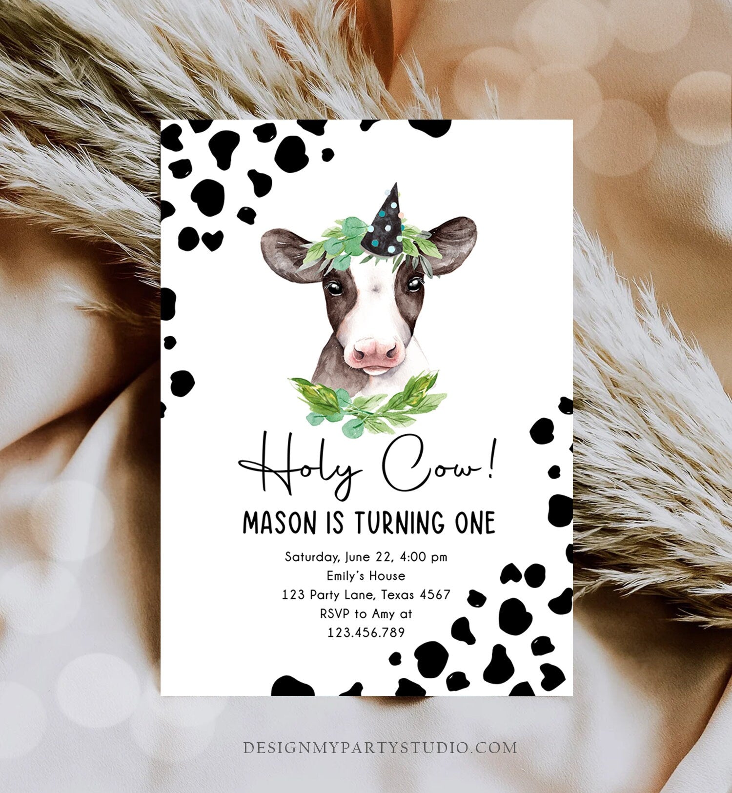 Editable Cow Birthday Invitation Boy Farm Animals Greenery Barnyard Party Holy Cow Party 1st One Download Printable Template Corjl 0434
