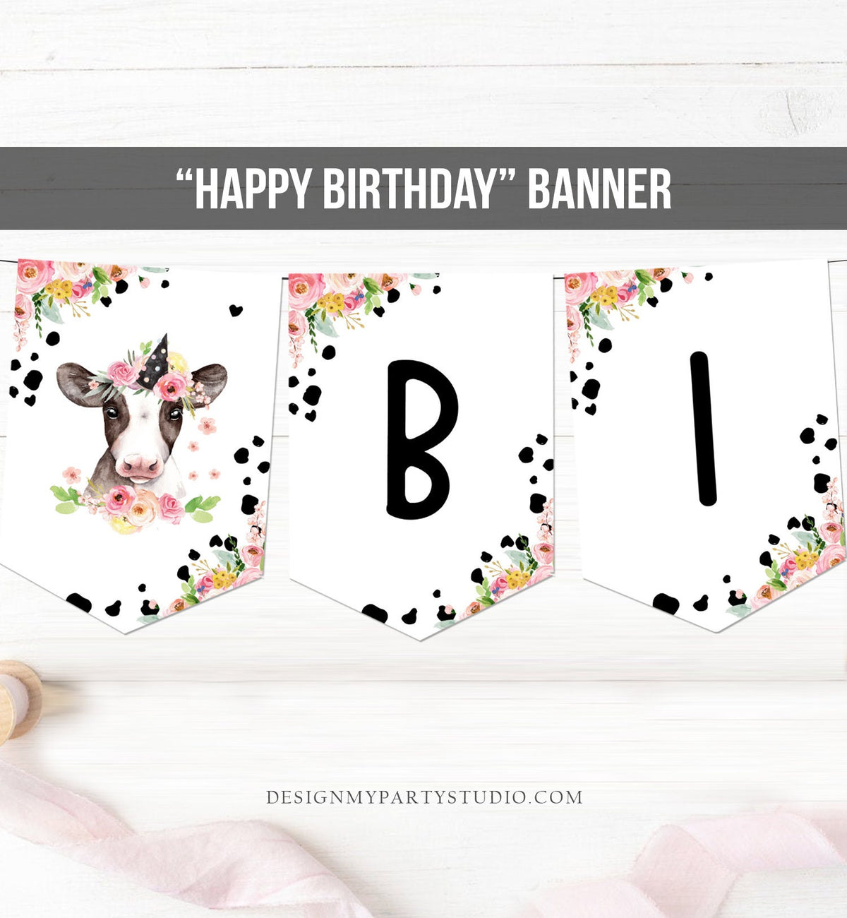 Happy Birthday Banner Cow Birthday Banner Farm Animals Girl Barnyard Birthday Farm Decorations Instant download PRINTABLE DIGITAL DIY 0434